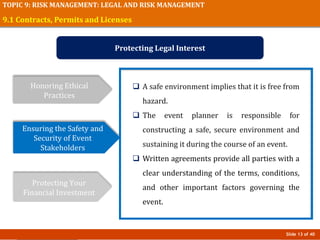 Slide 13 of 40
TOPIC 9: RISK MANAGEMENT: LEGAL AND RISK MANAGEMENT
9.1 Contracts, Permits and Licenses
Protecting Legal Interest
Honoring Ethical
Practices
Ensuring the Safety and
Security of Event
Stakeholders
Protecting Your
Financial Investment
 A safe environment implies that it is free from
hazard.
 The event planner is responsible for
constructing a safe, secure environment and
sustaining it during the course of an event.
 Written agreements provide all parties with a
clear understanding of the terms, conditions,
and other important factors governing the
event.
 