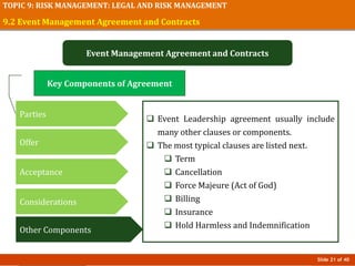 Slide 21 of 40
TOPIC 9: RISK MANAGEMENT: LEGAL AND RISK MANAGEMENT
9.2 Event Management Agreement and Contracts
Event Management Agreement and Contracts
 Event Leadership agreement usually include
many other clauses or components.
 The most typical clauses are listed next.
 Term
 Cancellation
 Force Majeure (Act of God)
 Billing
 Insurance
 Hold Harmless and Indemnification
Key Components of Agreement
Parties
Offer
Acceptance
Considerations
Other Components
 