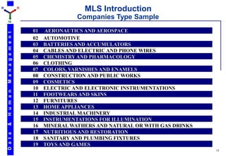 D                         H
                                               MLS Introduction
                                             Companies Type Sample
    M

                              01    AERONAUTICS AND AEROSPACE
    M a n a g e m e n t




                              02   AUTOMOTIVE
                              03   BATTERIES AND ACCUMULATORS
                              04   CABLES AND ELECTRIC AND PHONE WIRES
                              05   CHEMISTRY AND PHARMACOLOGY
                              06   CLOTHING
                              07   COLORS, VARNISHES AND ENAMELS
                              08   CONSTRUCTION AND PUBLIC WORKS
                              09   COSMETICS
                              10   ELECTRIC AND ELECTRONIC INSTRUMENTATIONS
    H u m a n




                              11   FOOTWEARS AND SKINS
                              12   FURNITURES
                              13   HOME APPLIANCES
                              14   INDUSTRIAL MACHINERY
                              15   INSTRUMENTATIONS FOR ILLUMINATION
    &




                              16   MINERAL WATHERS AND NATURAL OR WITH GAS DRINKS
                              17   NUTRITIOUS AND RESTORATION
    D a t a




                              18   SANITARY AND PLUMBING FIXTURES
                              19   TOYS AND GAMES
                                                                                    11
 