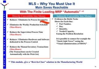 D                         H
                                                  MLS – Why You Must Use It
                                                   Main Saves Reachable
    M
                                         With The Finite Loading MRP “Automatic” *1
    M a n a g e m e n t




                                 Directly Convertible Into Money               Indirectly Convertible Into Money
                           Reduces / Eliminates In Process Inventories    Evidences the Bottle Necks
                                                                            Shows for Each One:
                           Eliminates the Weekly Production Schedule          Part Number,
                            (Man-Hours)                                        Day,
                                                                               Quantity,
                           Reduces the Supervision Process Time               Needed Capacity,
                            (Man-Hours)                                       Easing the Problem Resolution

                           Reduces / Eliminates Hardware and Software        It is possible to connect for example the
    H u m a n




                            dedicated to the Process Control                  “Stack Light Tower” easing the
                                                                              “Visual Administration (ANDON)”
                           Reduces the Manual Inventory Transactions
                             (Man-Hours)
                            (The Transactions can be Created
                             Automatically with the Pick-List)
    &
    D a t a




                              *1 This module, give a “Best-In-Class” solution in the Manufacturing World
                                                                                                                          16
 