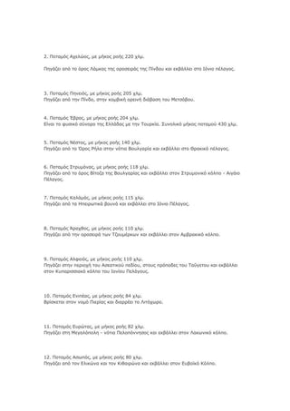 2. Πμηαιόξ Απεθώμξ, ιε ιήημξ νμήξ 220 πθι.
Πδβάγεζ από ημ όνμξ Ιάιημξ ηδξ μνμζεζνάξ ηδξ Πίκδμο ηαζ εηαάθθεζ ζημ Ηόκζμ πέθαβμξ.

3. Πμηαιόξ Πδκεζόξ, ιε ιήημξ νμήξ 205 πθι.
Πδβάγεζ από ηδκ Πίκδμ, ζηδκ ημιαζηή μνεζκή δζάααζδ ημο Κεηζόαμο.

4. Πμηαιόξ Έανμξ, ιε ιήημξ νμήξ 204 πθι.
Δίκαζ ημ θοζζηό ζύκμνμ ηδξ Δθθάδαξ ιε ηδκ Σμονηία. ΢οκμθζηό ιήημξ πμηαιμύ 430 πθι.

5. Πμηαιόξ Λέζημξ, ιε ιήημξ νμήξ 140 πθι.
Πδβάγεζ από ημ Όνμξ Ρήθα ζηδκ κόηζα Βμοθβανία ηαζ εηαάθθεζ ζημ Θναηζηό πέθαβμξ.

6. Πμηαιόξ ΢ηνοιόκαξ, ιε ιήημξ νμήξ 118 πθι.
Πδβάγεζ από ημ όνμξ Βίημγα ηδξ Βμοθβανίαξ ηαζ εηαάθθεζ ζημκ ΢ηνοιμκζηό ηόθπμ - Αζβάζμ
Πέθαβμξ.

7. Πμηαιόξ Θαθάιάξ, ιε ιήημξ νμήξ 115 πθι.
Πδβάγεζ από ηα Ζπεζνςηζηά αμοκά ηαζ εηαάθθεζ ζημ Ηόκζμ Πέθαβμξ.

8. Πμηαιόξ Άναπεμξ, ιε ιήημξ νμήξ 110 πθι.
Πδβάγεζ από ηδκ μνμζεζνά ηςκ Σγμοιένηςκ ηαζ εηαάθθεζ ζημκ Αιαναηζηό ηόθπμ.

9. Πμηαιόξ Αθθεζόξ, ιε ιήημξ νμήξ 110 πθι.
Πδβάγεζ ζηδκ πενζμπή ημο Αζεαηζημύ πεδίμο, ζημοξ πνόπμδεξ ημο Σαΰβεημο ηαζ εηαάθθεζ
ζημκ Θοπανζζζζαηό ηόθπμ ημο Ημκίμο Πεθάβμοξ.

10. Πμηαιόξ Δκζπέαξ, ιε ιήημξ νμήξ 84 πθι.
Βνίζηεηαζ ζημκ κμιό Πζενίαξ ηαζ δζαννέεζ ημ Ιζηόπςνμ.

11. Πμηαιόξ Δονώηαξ, ιε ιήημξ νμήξ 82 πθι.
Πδβάγεζ ζηδ Κεβαθόπμθδ - κόηζα Πεθμπόκκδζμξ ηαζ εηαάθθεζ ζημκ Ιαηςκζηό ηόθπμ.

12. Πμηαιόξ Αζςπόξ, ιε ιήημξ νμήξ 80 πθι.
Πδβάγεζ από ημκ Δθζηώκα ηαζ ημκ Θζεαζνώκα ηαζ εηαάθθεζ ζημκ Δοαμσηό Θόθπμ.

 