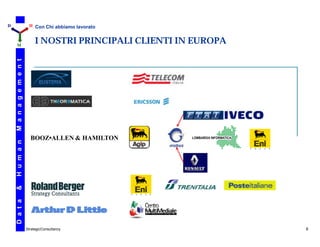 D                          H Con Chi abbiamo lavorato



    M
                               I NOSTRI PRINCIPALI CLIENTI IN EUROPA
    M a n a g e m e n t




                            BOOZ•ALLEN & HAMILTON
    H u m a n
    &
    D a t a




                          StrategicConsultancy                         8
 