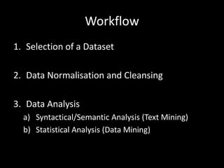 Workflow
1. Selection of a Dataset
2. Data Normalisation and Cleansing
3. Data Analysis
a) Syntactical/Semantic Analysis (...