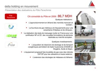 delta holding en mouvement
Présentation des réalisations du Pôle Parachimie

    Pôle
  Parachimie
                        CA consolidé du Pôle en 2009 : 86,7              MDH
                                                            Quelques réalisations :
                       L’approvisionnement en éthanol des marchés marocain et
                                                                          tunisien ;
                       La fourniture de gaz médicaux et d’équipements pour une
                                            soixantaine d’hôpitaux et de cliniques ;
                 La réalisation des tests de marquage routier en France pour une
                     certification NF et CE des nouvelles formulations de peintures
                                                  destinées au marché européen.

                                                       Quelques investissements :
                          L’acquisition de réservoirs de stockage et de transport
                        cryogéniques permettant de tripler l’autonomie d’OXAIR en
                                                         Oxygène, Azote et Argon.
                 L’équipement progressif des bouteilles de gaz avec des robinets
                                    OXTOP pour les utilisations à haute cadence ;
                            L’extension des stockages de mélasses et d’éthanol.



                                                                                       10
 