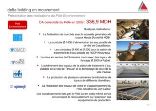 delta holding en mouvement
Présentation des réalisations du Pôle Environnement

     Pôle           CA consolidé du Pôle en 2009 : 336,9                  MDH
Environnement
                                                           Quelques réalisations :
                     La finalisation de marchés avec la nouvelle génération de
                                                    tuyaux Haute Durabilité HD® :
                         •   La conduite Ø 1400 d’alimentation en eau potable de
                                                           la ville de Casablanca ;
                              • Les conduites Ø 400 et Ø 500 pour la station de
                                 traitement de l’eau potable de l’OCP Khouribga ;
                   La mise en service de l’émissaire marin avec des tuyaux de
                                                        fonçage Ø 2000 à Rabat ;
                    L’achèvement des travaux de la station de traitement d’eau
                     potable de la ville de Tétouan et le démarrage de ceux de la
                                                                     ville d’Azilal.
                         La production de plusieurs centaines de kilomètres de
                                                  tuyaux de différents diamètres ;
                    La réalisation des travaux de voirie et d’assainissement du
                                                     Pôle industriel de Jorf Lasfar.
                   Les investissements faits par le Pôle durant cette même année
                                ont concerné le renouvellement ou l’extension des
                                                      équipements de production.
                                                                                       11
                                                                                        11
 