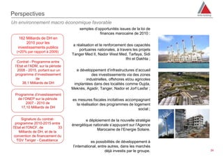 Perspectives
Un environnement macro économique favorable
                                        xemples d’opportunités issues de la loi de
                                                   finances marocaine de 2010 :
    162 Milliards de DH en
        2010 pour les
                                    a réalisation et le renforcement des capacités
   investissements publics
                                        portuaires nationales, à travers les projets
  (+20% par rapport à 2009)
                                   Tanger Med II, Nador West Med, Tarfaya, Sidi
                                                                     Ifni et Dakhla ;
   Contrat - Programme entre
 l’Etat et l’ADM, sur la période
   2008 - 2015, portant sur un       e développement d’infrastructures d’accueil
 programme d’investissement                   des investissements via des zones
               de                          industrielles, offshores et/ou agricoles
      38,1 Milliards de DH          implantées dans des localités comme Oujda,
                                   Meknès, Agadir, Tanger, Nador et Jorf Lasfar ;
 Programme d’investissement
  de l’ONEP sur la période         es mesures fiscales incitatives accompagnant
       2007 - 2010 de                la réalisation des programmes de logement
    17,10 Milliards de DH                                                social ;

      Signature du contrat-                e déploiement de la nouvelle stratégie
  programme 2010-2015 entre        énergétique nationale s’appuyant sur l’Agence
l'Etat et l'ONCF, de          33
                                                 Marocaine de l’Energie Solaire.
    Milliards de DH, et de la
 convention de financement du
   TGV Tanger - Casablanca                      es possibilités de développement à
                                    l’international, entre autres, dans les marchés
                                                         déjà investis par le groupe.   24
 