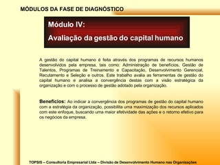 TOPSIS – Consultoria Empresarial Ltda – Divisão de Desenvolvimento Humano nas Organizações MÓDULOS DA FASE DE DIAGNÓSTICO Módulo IV: Avaliação da gestão do capital humano A gestão do capital humano é feita através dos programas de recursos humanos desenvolvidos pela empresa, tais como: Administração de benefícios, Gestão de Talentos, Programas de Treinamento e Capacitação, Desenvolvimento Gerencial, Recutamento e Seleção e outros. Este trabalho avalia as ferramentas de gestão do capital humano e analisa a convergência destas com a visão estratégica da organização e com o processo de gestão adotado pela organização. Benefícios:   Ao indicar a convergência dos programas de gestão do capital humano com a estratégia da organização, possibilita uma maximização dos recursos aplicados com este enfoque, buscando uma maior efetividade das ações e o retorno efetivo para os negócios da empresa. 