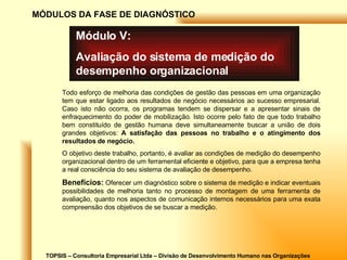 TOPSIS – Consultoria Empresarial Ltda – Divisão de Desenvolvimento Humano nas Organizações MÓDULOS DA FASE DE DIAGNÓSTICO Módulo V: Avaliação do sistema de medição do desempenho organizacional Todo esforço de melhoria das condições de gestão das pessoas em uma organização tem que estar ligado aos resultados de negócio necessários ao sucesso empresarial. Caso isto não ocorra, os programas tendem se dispersar e a apresentar sinais de enfraquecimento do poder de mobilização. Isto ocorre pelo fato de que todo trabalho bem constituído de gestão humana deve simultaneamente buscar a união de dois grandes objetivos:  A satisfação das pessoas no trabalho e o atingimento dos resultados de negócio. O objetivo deste trabalho, portanto, é avaliar as condições de medição do desempenho organizacional dentro de um ferramental eficiente e objetivo, para que a empresa tenha a real consciência do seu sistema de avaliação de desempenho. Benefícios:  Oferecer um diagnóstico sobre o sistema de medição e indicar eventuais possibilidades de melhoria tanto no processo de montagem de uma ferramenta de avaliação, quanto nos aspectos de comunicação internos necessários para uma exata compreensão dos objetivos de se buscar a medição. 
