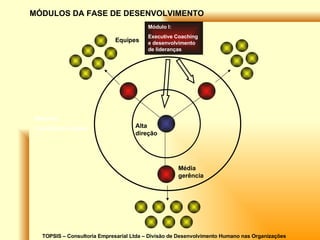 TOPSIS – Consultoria Empresarial Ltda – Divisão de Desenvolvimento Humano nas Organizações Alta direção Média gerência Equipes MÓDULOS DA FASE DE DESENVOLVIMENTO Módulo I: Executive Coaching e desenvolvimento de lideranças Módulo II: Coaching de equipes  