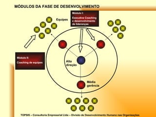 TOPSIS – Consultoria Empresarial Ltda – Divisão de Desenvolvimento Humano nas Organizações Alta direção Média gerência Equipes MÓDULOS DA FASE DE DESENVOLVIMENTO Módulo I: Executive Coaching e desenvolvimento de lideranças Módulo II: Coaching de equipes  
