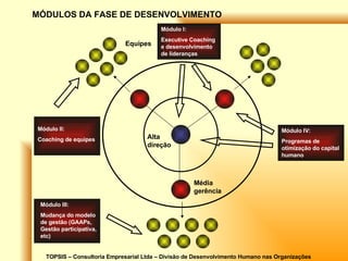 TOPSIS – Consultoria Empresarial Ltda – Divisão de Desenvolvimento Humano nas Organizações Alta direção Média gerência Equipes MÓDULOS DA FASE DE DESENVOLVIMENTO Módulo I: Executive Coaching e desenvolvimento de lideranças Módulo II: Coaching de equipes  Módulo III: Mudança do modelo de gestão (GAAPs, Gestão participativa, etc) Módulo IV: Programas de otimização do capital humano 