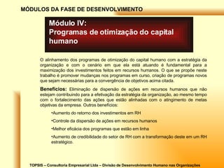 TOPSIS – Consultoria Empresarial Ltda – Divisão de Desenvolvimento Humano nas Organizações MÓDULOS DA FASE DE DESENVOLVIMENTO Módulo IV: Programas de otimização do capital humano O alinhamento dos programas de otimização do capital humano com a estratégia da organização e com o cenário em que ela está atuando é fundamental para a maximização dos investimentos feitos em recursos humanos. O que se propõe neste trabalho é promover mudanças nos programas em curso, criação de programas novos que sejam necessárias para a convergência de objetivos acima citada. Benefícios:  Eliminação de dispersão de ações em recursos humanos que não estejam contribuindo para a efetivação da estratégia da organização, ao mesmo tempo com o fortalecimento das ações que estão alinhadas com o atingimento de metas objetivas da empresa. Outros benefícios: Aumento do retorno dos investimentos em RH Controle da dispersão de ações em recursos humanos Melhor eficácia dos programas que estão em linha Aumento de credibilidade do setor de RH com a transformação deste em um RH estratégico. 