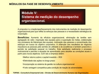 TOPSIS – Consultoria Empresarial Ltda – Divisão de Desenvolvimento Humano nas Organizações MÓDULOS DA FASE DE DESENVOLVIMENTO Módulo V: Sistema de medição do desempenho organizacional. A proposta é a criação/aperfeiçoamento dos instrumentos de medição do desempenho organizacional para que reflita os esforços das pessoas e a necessidade estratégica da corporação. Benefícios:  Aumento da eficácia organizacional, eliminação de tarefas sem agregação de valor, inspiração das equipes para a superação de metas, colaboração nos processos de lideranças das equipes, motivação das pessoas e concentração dos esforços em busca do objetivo corporativo. A obtenção dos resultados de negócios impulsiona as pessoas pelo sentido de utilidade e de excelência e também preenche o sentido de satisfação pessoal no trabalho. Esta satisfação realimenta o processo motivacional e permite a situação de aprendizado para desafiar as condições atuais e partir para novos objetivos. Com isto a empresa obtém: Melhor retorno sobre o capital investido – ROI Efetividade das ações no longo prazo Incorporação so sistema de gestão na cultura organizacional Forte vantagem competitiva pela condição de reação às adversidades 