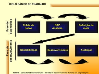 TOPSIS – Consultoria Empresarial Ltda – Divisão de Desenvolvimento Humano nas Organizações CICLO BÁSICO DE TRABALHO Coleta de dados GAP Analysis Definição da meta Sensibilização Desenvolvimento Avaliação Fase de diagnóstico Fase de desenvolvimento 