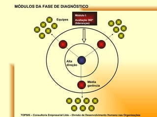 TOPSIS – Consultoria Empresarial Ltda – Divisão de Desenvolvimento Humano nas Organizações Alta direção Média gerência Equipes MÓDULOS DA FASE DE DIAGNÓSTICO Módulo I: Avaliação 360° (lideranças) 