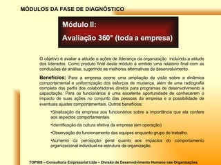 TOPSIS – Consultoria Empresarial Ltda – Divisão de Desenvolvimento Humano nas Organizações MÓDULOS DA FASE DE DIAGNÓSTICO Módulo II: Avaliação 360° (toda a empresa) O objetivo é avaliar a atitude e ações de liderança da organização  incluindo a atitude dos liderados. Como produto final deste módulo é emitido uma relatório final com as conclusões da análise, sugerindo as melhores alternativas de desenvolvimento. Benefícios:   Para a empresa ocorre uma ampliação da visão sobre a dinâmica comportamental e uniformização dos esforços de mudança, além de uma radiografia completa dos perfis dos colaboradores diretos para programas de desenvolvimento e capacitação. Para os funcionários é uma excelente oportunidade de conhecerem o impacto de suas ações no conjunto das pessoas da empresa e a possibilidade de eventuais ajustes comportamentais. Outros benefícios:   Sinalização da empresa aos funcionários sobre a importância que ela confere aos aspectos comportamentais Identificação da cultura efetiva da empresa (em operação) Observação do funcionamento das equipes enquanto grupo de trabalho. Aumento da percepção geral quanto aos impactos do comportamento organizacional individual na estrutura da organização. 