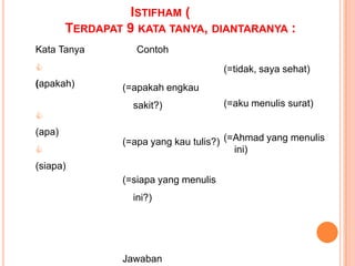 ISTIFHAM (
        TERDAPAT 9 KATA TANYA, DIANTARANYA :
Kata Tanya         Contoh
                                      (=tidak, saya sehat)
(apakah)        (=apakah engkau
                  sakit?)              (=aku menulis surat)

(apa)
                (=apa yang kau tulis?) (=Ahmad yang menulis
                                        ini)
(siapa)
                (=siapa yang menulis
                  ini?)




                Jawaban
 