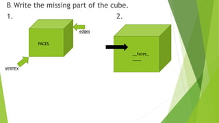 ENRICHMENT: Write the number of cubes and
its corresponding cubic unit in each figure.
1.
___9__cubes
__9___ cubic units.
...