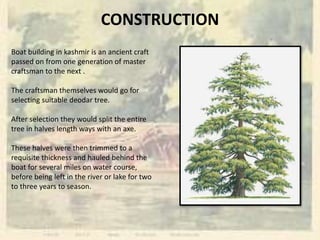 CONSTRUCTION
Boat building in kashmir is an ancient craft
passed on from one generation of master
craftsman to the next .
The craftsman themselves would go for
selecting suitable deodar tree.
After selection they would split the entire
tree in halves length ways with an axe.
These halves were then trimmed to a
requisite thickness and hauled behind the
boat for several miles on water course,
before being left in the river or lake for two
to three years to season.
 