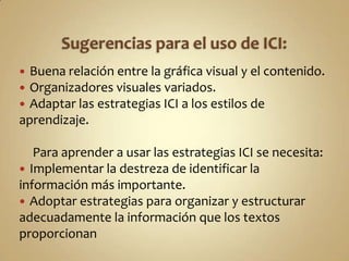  Buena relación entre la gráfica visual y el contenido.
 Organizadores visuales variados.
 Adaptar las estrategias ICI a los estilos de
aprendizaje.
Para aprender a usar las estrategias ICI se necesita:
 Implementar la destreza de identificar la
información más importante.
 Adoptar estrategias para organizar y estructurar
adecuadamente la información que los textos
proporcionan
 