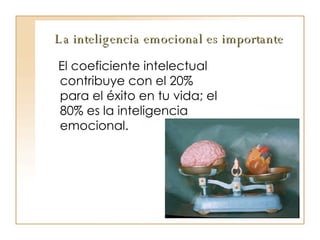 La inteligencia emocional es importante El coeficiente intelectual contribuye con el 20% para el éxito en tu vida; el 80% es la inteligencia emocional. 