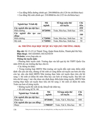 Thông tin do các đại học, học viện, các trường đại học, cao đẳng cung cấp và chịu trách nhiệm136
+ Cao đẳng Điều dưỡng chính qui: 204.000đ/tín chỉ (126 tín chỉ/khóa học)
+ Cao đẳng Hộ sinh chính qui: 210.000đ/tín chỉ (122 tín chỉ/khóa học)
Ngành học/ Trình độ
Mã
ngành
Tổ hợp môn thi/
xét tuyển
Chỉ
tiêu
Các ngành đào tạo đại học: 850
Điều dưỡng D720501 Toán, Hóa học, Sinh học 850
Các ngành đào tạo cao
đẳng:
100
Điều dưỡng C720501 Toán, Hóa học, Sinh học 50
Hộ sinh C720502 Toán, Hóa học, Sinh học 50
46. TRƯỜNG ĐẠI HỌC DƯỢC HÀ NỘI (MÃ TRƯỜNG: DKH)
Địa chỉ: Số 13-15 Lê Thánh Tông, Quận Hoàn Kiếm, Thành phố Hà Nội;
Điện thoại:: 043.8264465; 043.8254539
Website: www.hup.edu.vn
Thông tin tuyển sinh:
- Phương thức tuyển sinh: Trường dựa vào kết quả kỳ thi THPT Quốc Gia
năm 2016 do các trường đại học chủ trì.
- Các thông tin khác:
+ Trong trường hợp HĐTS Nhà trường xét tuyển đến một mức điểm nhất
định vẫn còn chỉ tiêu, nhưng số thí sinh có cùng điểm xét tuyển cao hơn chỉ tiêu
còn lại, nếu cần thiết HĐTS Nhà trường thực hiện xét tuyển theo tiêu chí bổ
sung 1: thí sinh có điểm thi môn Hóa học cao hơn sẽ trúng tuyển. Sau khi xét
tiêu chí bổ sung 1 mà vẫn chưa xác định được điều kiện trúng tuyển, HĐTS Nhà
trường thực hiện xét tuyển theo tiêu chí bổ sung 2: thí sinh có điểm thi môn
Toán cao hơn sẽ trúng tuyển.
+ Không tuyển thí sinh dị tật, khuyết tật chân tay.
+ Số chỗ trong KTX: 80.
Ngành học/ Trình độ
Mã
ngành
Tổ hợp môn thi/
xét tuyển
Chỉ
tiêu
Các ngành đào tạo đại học:
Dược học D720401 Toán, Vật lí, Hóa học 600
Các ngành đào tạo cao đẳng:
Dược C900107 Toán, Vật lí, Hóa học 80
 