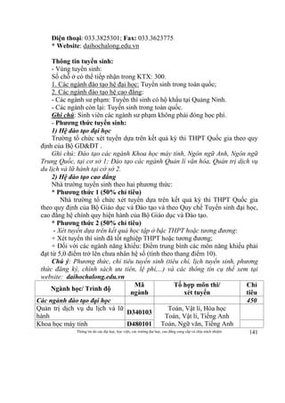 Thông tin do các đại học, học viện, các trường đại học, cao đẳng cung cấp và chịu trách nhiệm 141
Điện thoại: 033.3825301; Fax: 033.3623775
* Website: daihochalong.edu.vn
Thông tin tuyển sinh:
- Vùng tuyển sinh:
Số chỗ ở có thể tiếp nhận trong KTX: 300.
1. Các ngành đào tạo hệ đại học: Tuyển sinh trong toàn quốc;
2. Các ngành đào tạo hệ cao đẳng:
- Các ngành sư phạm: Tuyển thí sinh có hộ khẩu tại Quảng Ninh.
- Các ngành còn lại: Tuyển sinh trong toàn quốc.
Ghi chú: Sinh viên các ngành sư phạm không phải đóng học phí.
- Phương thức tuyển sinh:
1) Hệ đào tạo đại học
Trường tổ chức xét tuyển dựa trên kết quả kỳ thi THPT Quốc gia theo quy
định của Bộ GD&ĐT .
Ghi chú: Đào tạo các ngành Khoa học máy tính, Ngôn ngữ Anh, Ngôn ngữ
Trung Quốc, tại cơ sở 1; Đào tạo các ngành Quản lí văn hóa, Quản trị dịch vụ
du lịch và lữ hành tại cở sở 2.
2) Hệ đào tạo cao đẳng
Nhà trường tuyển sinh theo hai phương thức:
* Phương thức 1 (50% chỉ tiêu)
Nhà trường tổ chức xét tuyển dựa trên kết quả kỳ thi THPT Quốc gia
theo quy định của Bộ Giáo dục và Đào tạo và theo Quy chế Tuyển sinh đại học,
cao đẳng hệ chính quy hiện hành của Bộ Giáo dục và Đào tạo.
* Phương thức 2 (50% chỉ tiêu)
- Xét tuyển dựa trên kết quả học tập ở bậc THPT hoặc tương đương:
+ Xét tuyển thí sinh đã tốt nghiệp THPT hoặc tương đương;
+ Đối với các ngành năng khiếu: Điểm trung bình các môn năng khiếu phải
đạt từ 5,0 điểm trở lên chưa nhân hệ số (tính theo thang điểm 10).
Chú ý: Phương thức, chỉ tiêu tuyển sinh (tiêu chí, lịch tuyển sinh, phương
thức đăng ký, chính sách ưu tiên, lệ phí,...) và các thông tin cụ thể xem tại
website: daihochalong.edu.vn
Ngành học/ Trình độ
Mã
ngành
Tổ hợp môn thi/
xét tuyển
Chỉ
tiêu
Các ngành đào tạo đại học 450
Quản trị dịch vụ du lịch và lữ
hành
D340103
Toán, Vật lí, Hóa học
Toán, Vật lí, Tiếng Anh
Toán, Ngữ văn, Tiếng AnhKhoa học máy tính D480101
 