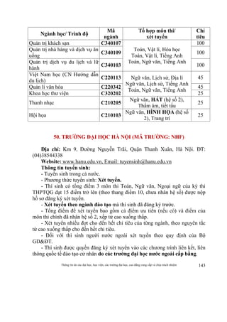 Thông tin do các đại học, học viện, các trường đại học, cao đẳng cung cấp và chịu trách nhiệm 143
Ngành học/ Trình độ
Mã
ngành
Tổ hợp môn thi/
xét tuyển
Chỉ
tiêu
Quản trị khách sạn C340107
Toán, Vật lí, Hóa học
Toán, Vật lí, Tiếng Anh
Toán, Ngữ văn, Tiếng Anh
100
Quản trị nhà hàng và dịch vụ ăn
uống
C340109 100
Quản trị dịch vụ du lịch và lữ
hành
C340103 100
Việt Nam học (CN Hướng dẫn
du lịch)
C220113 Ngữ văn, Lịch sử, Địa lí
Ngữ văn, Lịch sử, Tiếng Anh
Toán, Ngữ văn, Tiếng Anh
45
Quản lí văn hóa C220342 45
Khoa học thư viện C320202 25
Thanh nhạc C210205
Ngữ văn, HÁT (hệ số 2),
Thẩm âm, tiết tấu
25
Hội họa C210103
Ngữ văn, HÌNH HỌA (hệ số
2), Trang trí
25
50. TRƯỜNG ĐẠI HỌC HÀ NỘI (MÃ TRƯỜNG: NHF)
Địa chỉ: Km 9, Đường Nguyễn Trãi, Quận Thanh Xuân, Hà Nội. ĐT:
(04)38544338
Website: www.hanu.edu.vn, Email: tuyensinh@hanu.edu.vn
Thông tin tuyển sinh:
- Tuyển sinh trong cả nước.
- Phương thức tuyển sinh: Xét tuyển.
- Thí sinh có tổng điểm 3 môn thi Toán, Ngữ văn, Ngoại ngữ của kỳ thi
THPTQG đạt 15 điểm trở lên (theo thang điểm 10, chưa nhân hệ số) được nộp
hồ sơ đăng ký xét tuyển.
- Xét tuyển theo ngành đào tạo mà thí sinh đã đăng ký trước.
- Tổng điểm để xét tuyển bao gồm cả điểm ưu tiên (nếu có) và điểm của
môn thi chính đã nhân hệ số 2, xếp từ cao xuống thấp.
- Xét tuyển nhiều đợt cho đến hết chỉ tiêu của từng ngành, theo nguyên tắc
từ cao xuống thấp cho đến hết chỉ tiêu.
- Đối với thí sinh người nước ngoài xét tuyển theo quy định của Bộ
GD&ĐT.
- Thí sinh được quyền đăng ký xét tuyển vào các chương trình liên kết, liên
thông quốc tế đào tạo cử nhân do các trường đại học nước ngoài cấp bằng.
 