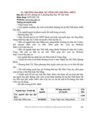 Thông tin do các đại học, học viện, các trường đại học, cao đẳng cung cấp và chịu trách nhiệm 145
51. TRƯỜNG ĐẠI HỌC HÀ TĨNH (MÃ TRƯỜNG: HHT)
Địa chỉ: Số 447, đường 26-3, phường Đại Nài, TP. Hà Tĩnh.
Điện thoại: 0393 885 376
Website: www.htu.edu.vn
Thông tin tuyển sinh:
- Vùng tuyển sinh:
+ Các ngành sư phạm, thí sinh có hộ khẩu thường trú tại Hà Tĩnh được miễn
học phí;
+ Các ngành ngoài sư phạm tuyển thí sinh trong cả nước.
- Phương thức TS:
+ Dựa vào kết quả kỳ thi THPT Quốc gia hoặc xét tuyển dựa vào tổng điểm
trung bình học tập của 3 môn xét tuyển ở học bạ lớp 12.
+ Đối với ngành Giáo dục Mầm non, năng khiếu Trường tổ chức thi 2 môn:
Kể chuyện diễn cảm và Hát. Thời gian thi: xem tại Website
http://www.htu.edu.vn
+ Đối với ngành Giáo dục Thể chất, năng khiếu Trường tổ chức thi 2 môn:
Chạy 100 mét và Bật xa tại chỗ. Thời gian thi: xem tại Website
http://www.htu.edu.vn
- Các ngành đào tạo nhân lực cho Khu kinh tế Vũng Áng:
+ Tuyển thí sinh có hộ khẩu thường trú tại 3 tỉnh: Nghệ An; Hà Tĩnh; Quảng
Bình;
+ Phương thức TS: Theo phương thức tuyển sinh của các cơ sở liên kết đào
tạo;
+ Thí sinh trúng tuyển học tại Trường Đại học Hà Tĩnh 3 học kỳ, thời gian
còn lại học ở Hà Nội hoặc Đà Nẵng.
+ Chính sách hỗ trợ của tỉnh Hà Tĩnh: Sinh viên được hỗ trợ kinh phí đào
tạo ngoài học phí; Riêng sinh viên có hộ khẩu thường trú tại Hà Tĩnh được hỗ
trợ 50% học phí; miễn 100% tiền ở ký túc xá; bù lãi suất 0,5%/tháng cho sinh
viên vay tín dụng.
- Số chỗ ở trong KTX: 3000
Ngành học/ Trình độ
Mã
ngành
Tổ hợp môn thi/
xét tuyển
Chỉ
tiêu
Các ngành đào tạo đại
học:
1200
Giáo dục Mầm non D140201 Toán, Ngữ văn, Năng khiếu 270
 