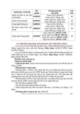 Thông tin do các đại học, học viện, các trường đại học, cao đẳng cung cấp và chịu trách nhiệm 149
Ngành học/ Trình độ
Mã
ngành
Tổ hợp môn thi/
xét tuyển
Chỉ
tiêu
Quản trị dịch vụ du lịch
và lữ hành
D340103
Toán, Vật lí, Hóa học
Toán, Vật lí, Tiếng Anh
Toán, Ngữ văn, Tiếng Anh
Toán, Hóa học, Tiếng Anh
40
Quản trị kinh doanh D340101 40
Công nghệ thông tin D480201 Toán, Vật lí, Hóa học
Toán, Vật lí, Tiếng Anh
Toán, Ngữ văn, Tiếng Anh
Toán, Hóa học, Tiếng Anh
40
Kĩ thuật công trình xây
dựng
D580201 40
Ngôn ngữ Trung Quốc D220204
Toán, Ngữ văn, TIẾNG ANH
Toán, Ngữ văn, TIẾNG TRUNG
Ngữ văn, Lịch sử, TIẾNG ANH
Ngữ văn, Địa lí, TIẾNG ANH
40
52. TRƯỜNG ĐẠI HỌC HẢI DƯƠNG (MÃ TRƯỜNG: DKT)
- Cơ sở mới (33 ha): Khu Đô thị phía Nam, Thành phố Hải Dương (xã Liên
Hồng, huyện Gia Lộc, tỉnh Hải Dương). Điện thoại: (0320).3710919. Fax:
(0320).3715666.
- Cơ sở cũ (02 ha): Khu 8, phường Hải Tân, Thành phố Hải Dương (Giữa số
1002-1004 đại lộ Lê Thanh Nghị, vào 200m). Điện thoại: (0320). 3866258.
Fax: (0320).3861249.
Website: http://uhd.edu.vn
Thông tin tuyển sinh:
- Vùng tuyển sinh: Tuyển sinh chủ yếu trên địa bàn tỉnh, các tỉnh lân cận và
trong cả nước.
- Phương thức Tuyển sinh:
* Phương thức 1 (50%): Xét tuyển Đại học, Cao đẳng hệ chính quy theo
khối dựa trên kết quả của kì thi THPT Quốc gia. Nhà trường sử dụng các tổ hợp
của 3 môn thi để xét tuyển cho tất cả các ngành đào tạo. Thí sinh phải đạt
ngưỡng điểm xét tuyển tối thiểu do Bộ Giáo dục và Đào tạo quy định
* Phương thức 2 (50%): Xét tuyển đại học, cao đẳng chính quy dựa trên kết
quả học tập tại THPT của thí sinh cho tất cả các ngành đào tạo.
- Thí sinh đã tốt nghiệp THPT
- Thí sinh phải đạt ngưỡng điểm xét tuyển:
- Điểm trung bình các môn xét tuyển: Đại học ≥ 6,0 điểm; Cao đẳng ≥ 5,5
điểm.
- Số lượng chỗ ở trong kí túc xá: 1000 chỗ.
 
