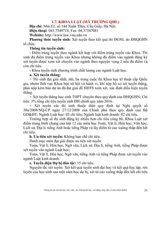 Thông tin do các đại học, học viện, các trường đại học, cao đẳng cung cấp và chịu trách nhiệm 33
1.7. KHOA LUẬT (MÃ TRƯỜNG QHL)
Địa chỉ: Nhà E1, số 144 Xuân Thủy, Cầu Giấy, Hà Nội;
Điện thoại: 043.7549714; Fax: 04.37547081
Website: http://www.law.vnu.edu.vn
Phương thức tuyển sinh: Xét tuyển theo kết quả thi ĐGNL do ĐHQGHN
tổ chức.
Thông tin tuyển sinh:
- Điểm trúng tuyển theo ngành kết hợp với điểm trúng tuyển vào Khoa. Thí
sinh đủ điểm trúng tuyển vào Khoa nhưng không đủ điểm vào ngành đăng ký
xét tuyển được xem xét chuyển vào ngành theo nguyện vọng 2 nếu đủ điểm và
còn chỉ tiêu.
- Khoa tuyển sinh chương trình chất lượng cao ngành Luật học.
a. Xét tuyển thẳng:
+ Thí sinh đạt giải nhất, nhì, ba trong cuộc thi Khoa học kĩ thuật cấp Quốc
gia, nhóm lĩnh vực Khoa học xã hội và hành vi, khi nộp hồ sơ xét tuyển thẳng,
phải nộp kèm bản dự án đã đạt giải để HĐTS xem xét, xác định điều kiện tuyển
thẳng.
+ Xét tuyển thẳng học sinh THPT chuyên theo quy định của ĐHQGHN; Chỉ
tiêu: 3% tổng chỉ tiêu tuyển sinh ĐH chính quy năm 2016.
+ Xét tuyển các thí sinh thuộc diện quy định tại Nghị quyết số
30a/2008/NQ-CP ngày 27/12/2008 của Chính phủ theo quy định của Bộ
GD&ĐT; Ngành Luật học: 03 chỉ tiêu; Ngành luật kinh doanh: 02 chỉ tiêu.
Trường hợp số thí sinh đăng ký nhiều hơn chỉ tiêu công bố, Khoa Luật xét
điểm trung bình chung của lớp 12 các môn học Toán, Vật lí, Hóa học, Văn học,
Lịch sử, Địa lí, tiếng Anh hoặc tiếng Pháp và lấy điểm từ cao xuống thấp đến hết
chỉ tiêu.
b. Ưu tiên xét tuyển: Không hạn chế chỉ tiêu.
Danh mục môn đạt giải được ưu tiên xét tuyển:
Toán, Vật lí, Hóa học, Ngữ văn, Lịch sử, Địa lí, tiếng Anh, tiếng Pháp được
xét tuyển vào ngành Luật học;
Toán, Vật lí, Hóa học, Ngữ văn, tiếng Anh và tiếng Pháp được xét tuyển vào
ngành Luật kinh doanh.
c. Tuyển diện Dự bị dân tộc: 15 chỉ tiêu.
Nguyên tắc xét tuyển: Xét kết quả tuyển sinh đại học và kết quả học tập, rèn
luyện của học sinh sau một năm học dự bị, xét từ cao xuống thấp đến hết chỉ tiêu
 