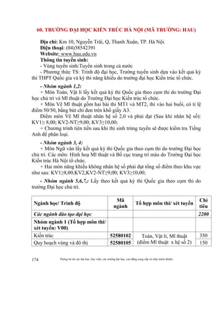 Thông tin do các đại học, học viện, các trường đại học, cao đẳng cung cấp và chịu trách nhiệm174
60. TRƯỜNG ĐẠI HỌC KIẾN TRÚC HÀ NỘI (MÃ TRƯỜNG: HAU)
Địa chỉ: Km 10, Nguyễn Trãi, Q, Thanh Xuân, TP. Hà Nội.
Điện thoại: (04)38542391
Website: www.hau.edu.vn
Thông tin tuyển sinh:
- Vùng tuyển sinh:Tuyển sinh trong cả nước
- Phương thức TS: Trình độ đại học, Trường tuyển sinh dựa vào kết quả kỳ
thi THPT Quốc gia và kỳ thi năng khiếu do trường đại học Kiến trúc tổ chức.
- Nhóm ngành 1,2:
+ Môn Toán, Vật lí lấy kết quả kỳ thi Quốc gia theo cụm thi do trường Đại
học chủ trì và Mĩ thuật do Trường Đại học Kiến trúc tổ chức.
+ Môn Vẽ Mĩ thuật gồm hai bài thi MT1 và MT2, thi vào hai buổi, có tỉ lệ
điểm 50/50, bằng bút chì đen trên khổ giấy A3.
Điểm môn Vẽ Mĩ thuật nhân hệ số 2,0 và phải đạt (Sau khi nhân hệ số):
KV1≥ 8,00; KV2-NT≥9,00; KV3≥10,00;
+ Chương trình tiên tiến sau khi thí sinh trúng tuyển sẽ được kiểm tra Tiếng
Anh để phân loại.
- Nhóm ngành 3, 4:
+ Môn Ngữ văn lấy kết quả kỳ thi Quốc gia theo cụm thi do trường Đại học
chủ trì. Các môn: Hình hoạ Mĩ thuật và Bố cục trang trí màu do Trường Đại học
Kiến trúc Hà Nội tổ chức.
+ Hai môn năng khiếu không nhân hệ số phải đạt tổng số điểm theo khu vực
như sau: KV1≥8,00;KV2,KV2-NT≥9,00; KV3≥10,00;
- Nhóm ngành 5,6,7,: Lấy theo kết quả kỳ thi Quốc gia theo cụm thi do
trường Đại học chủ trì.
Ngành học/ Trình độ
Mã
ngành
Tổ hợp môn thi/ xét tuyển
Chỉ
tiêu
Các ngành đào tạo đại học 2200
Nhóm ngành 1 (Tổ hợp môn thi/
xét tuyển: V00)
Kiến trúc 52580102 Toán, Vật lí, Mĩ thuật
(điểm Mĩ thuật x hệ số 2)
350
Quy hoạch vùng và đô thị 52580105 150
 