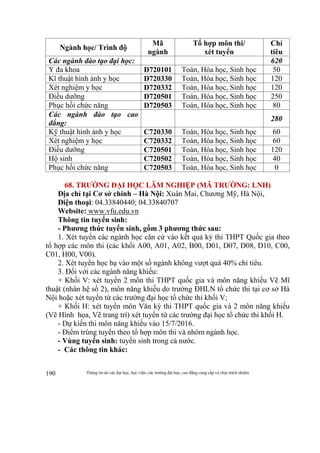 Thông tin do các đại học, học viện, các trường đại học, cao đẳng cung cấp và chịu trách nhiệm190
Ngành học/ Trình độ
Mã
ngành
Tổ hợp môn thi/
xét tuyển
Chỉ
tiêu
Các ngành đào tạo đại học: 620
Y đa khoa D720101 Toán, Hóa học, Sinh học 50
Kĩ thuật hình ảnh y học D720330 Toán, Hóa học, Sinh học 120
Xét nghiệm y học D720332 Toán, Hóa học, Sinh học 120
Điều dưỡng D720501 Toán, Hóa học, Sinh học 250
Phục hồi chức năng D720503 Toán, Hóa học, Sinh học 80
Các ngành đào tạo cao
đẳng:
280
Kỹ thuật hình ảnh y học C720330 Toán, Hóa học, Sinh học 60
Xét nghiệm y học C720332 Toán, Hóa học, Sinh học 60
Điều dưỡng C720501 Toán, Hóa học, Sinh học 120
Hộ sinh C720502 Toán, Hóa học, Sinh học 40
Phục hồi chức năng C720503 Toán, Hóa học, Sinh học 0
68. TRƯỜNG ĐẠI HỌC LÂM NGHIỆP (MÃ TRƯỜNG: LNH)
Địa chỉ tại Cơ sở chính – Hà Nội: Xuân Mai, Chương Mỹ, Hà Nội,
Điện thoại: 04.33840440; 04.33840707
Website: www.vfu.edu.vn
Thông tin tuyển sinh:
- Phương thức tuyển sinh, gồm 3 phương thức sau:
1. Xét tuyển các ngành học căn cứ vào kết quả kỳ thi THPT Quốc gia theo
tổ hợp các môn thi (các khối A00, A01, A02, B00, D01, D07, D08, D10, C00,
C01, H00, V00).
2. Xét tuyển học bạ vào một số ngành không vượt quá 40% chỉ tiêu.
3. Đối với các ngành năng khiếu:
+ Khối V: xét tuyển 2 môn thi THPT quốc gia và môn năng khiếu Vẽ Mĩ
thuật (nhân hệ số 2), môn năng khiếu do trường ĐHLN tổ chức thi tại cơ sở Hà
Nội hoặc xét tuyển từ các trường đại học tổ chức thi khối V;
+ Khối H: xét tuyển môn Văn kỳ thi THPT quốc gia và 2 môn năng khiếu
(Vẽ Hình họa, Vẽ trang trí) xét tuyển từ các trường đại học tổ chức thi khối H.
- Dự kiến thi môn năng khiếu vào 15/7/2016.
- Điểm trúng tuyển theo tổ hợp môn thi và nhóm ngành học.
- Vùng tuyển sinh: tuyển sinh trong cả nước.
- Các thông tin khác:
 