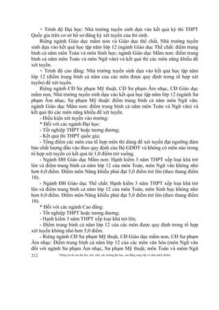 Thông tin do các đại học, học viện, các trường đại học, cao đẳng cung cấp và chịu trách nhiệm212
+ Trình độ Đại học: Nhà trường tuyển sinh dựa vào kết quả kỳ thi THPT
Quốc gia trên cơ sở hồ sơ đăng ký xét tuyển của thí sinh.
Riêng ngành Giáo dục mầm non và Giáo dục thể chất, Nhà trường tuyển
sinh dựa vào kết quả học tập năm lớp 12 (ngành Giáo dục Thể chất: điểm trung
bình cả năm môn Toán và môn Sinh học; ngành Giáo dục Mầm non: điểm trung
bình cả năm môn Toán và môn Ngữ văn) và kết quả thi các môn năng khiếu để
xét tuyển.
+ Trình độ cao đẳng: Nhà trường tuyển sinh dựa vào kết quả học tập năm
lớp 12 (điểm trung bình cả năm của các môn được quy định trong tổ hợp xét
tuyển) để xét tuyển.
Riêng ngành CĐ Sư phạm Mỹ thuật, CĐ Sư phạm Âm nhạc, CĐ Giáo dục
mầm non, Nhà trường tuyển sinh dựa vào kết quả học tập năm lớp 12 (ngành Sư
phạm Âm nhạc, Sư phạm Mỹ thuật: điểm trung bình cả năm môn Ngữ văn;
ngành Giáo dục Mầm non: điểm trung bình cả năm môn Toán và Ngữ văn) và
kết quả thi các môn năng khiếu để xét tuyển.
- Điều kiện xét tuyển vào trường:
* Đối với các ngành Đại học:
- Tốt nghiệp THPT hoặc tương đương;
- Kết quả thi THPT quốc gia;
- Tổng điểm các môn của tổ hợp môn thi dùng để xét tuyển đạt ngưỡng đảm
bảo chất lượng đầu vào theo quy định của Bộ GDĐT và không có môn nào trong
tổ hợp xét tuyển có kết quả từ 1,0 điểm trở xuống.
- Ngành ĐH Giáo dục Mầm non: Hạnh kiểm 3 năm THPT xếp loại khá trở
lên và điểm trung bình cả năm lớp 12 của môn Toán, môn Ngữ văn không nhỏ
hơn 6,0 điểm. Điểm môn Năng khiếu phải đạt 5,0 điểm trở lên (theo thang điểm
10).
- Ngành ĐH Giáo dục Thể chất: Hạnh kiểm 3 năm THPT xếp loại khá trở
lên và điểm trung bình cả năm lớp 12 của môn Toán, môn Sinh học không nhỏ
hơn 6,0 điểm. Điểm môn Năng khiếu phải đạt 5,0 điểm trở lên (theo thang điểm
10).
* Đối với các ngành Cao đẳng:
- Tốt nghiệp THPT hoặc tương đương;
- Hạnh kiểm 3 năm THPT xếp loại khá trở lên;
- Điểm trung bình cả năm lớp 12 của các môn được quy định trong tổ hợp
xét tuyển không nhỏ hơn 5,0 điểm.
- Riêng ngành CĐ Sư phạm Mỹ thuật, CĐ Giáo dục mầm non, CĐ Sư phạm
Âm nhạc: Điểm trung bình cả năm lớp 12 của các môn văn hóa (môn Ngữ văn
đối với ngành Sư phạm Âm nhạc, Sư phạm Mỹ thuật; môn Toán và môm Ngữ
 