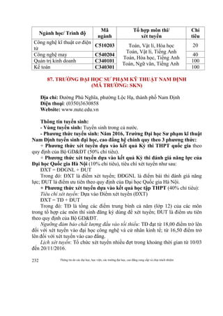 Thông tin do các đại học, học viện, các trường đại học, cao đẳng cung cấp và chịu trách nhiệm232
Ngành học/ Trình độ
Mã
ngành
Tổ hợp môn thi/
xét tuyển
Chỉ
tiêu
Công nghệ kĩ thuật cơ điện
tử
C510203 Toán, Vật lí, Hóa học
Toán, Vật lí, Tiếng Anh
Toán, Hóa học, Tiếng Anh
Toán, Ngữ văn, Tiếng Anh
20
Công nghệ may C540204 40
Quản trị kinh doanh C340101 100
Kế toán C340301 100
87. TRƯỜNG ĐẠI HỌC SƯ PHẠM KỸ THUẬT NAM ĐỊNH
(MÃ TRƯỜNG: SKN)
Địa chỉ: Đường Phù Nghĩa, phường Lộc Hạ, thành phố Nam Định
Điện thoại: (0350)3630858
Website: www.nute.edu.vn
Thông tin tuyển sinh:
- Vùng tuyển sinh: Tuyển sinh trong cả nước.
- Phương thức tuyển sinh: Năm 2016, Trường Đại học Sư phạm kĩ thuật
Nam Định tuyển sinh đại học, cao đẳng hệ chính quy theo 3 phương thức:
+ Phương thức xét tuyển dựa vào kết quả Kỳ thi THPT quốc gia theo
quy định của Bộ GD&ĐT (50% chỉ tiêu).
+ Phương thức xét tuyển dựa vào kết quả Kỳ thi đánh giá năng lực của
Đại học Quốc gia Hà Nội (10% chỉ tiêu), tiêu chí xét tuyển như sau:
ĐXT = ĐĐGNL + ĐUT
Trong đó: ĐXT là điểm xét tuyển; ĐĐGNL là điểm bài thi đánh giá năng
lực; ĐUT là điểm ưu tiên theo quy định của Đại học Quốc gia Hà Nội.
+ Phương thức xét tuyển dựa vào kết quả học tập THPT (40% chỉ tiêu):
Tiêu chí xét tuyển: Dựa vào Điểm xét tuyển (ĐXT)
ĐXT = TĐ + ĐUT
Trong đó: TĐ là tổng các điểm trung bình cả năm (lớp 12) của các môn
trong tổ hợp các môn thí sinh đăng ký dùng để xét tuyển; ĐUT là điểm ưu tiên
theo quy định của Bộ GD&ĐT.
Ngưỡng đảm bảo chất lượng đầu vào tối thiểu: TĐ đạt từ 18,00 điểm trở lên
đối với xét tuyển vào đại học công nghệ và cử nhân kinh tế; từ 16,50 điểm trở
lên đối với xét tuyển vào cao đẳng.
Lịch xét tuyển: Tổ chức xét tuyển nhiều đợt trong khoảng thời gian từ 10/03
đến 20/11/2016.
 