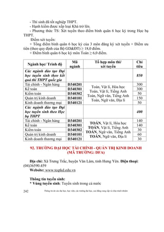 Thông tin do các đại học, học viện, các trường đại học, cao đẳng cung cấp và chịu trách nhiệm242
- Thí sinh đã tốt nghiệp THPT.
- Hạnh kiểm được xếp loại Khá trở lên.
- Phương thức TS: Xét tuyển theo điểm bình quân 6 học kỳ trong Học bạ
THPT.
Điểm xét tuyển:
+ Tổng điểm bình quân 6 học kỳ của 3 môn đăng ký xét tuyển + Điểm ưu
tiên (theo quy định của Bộ GD&ĐT) ≥ 18,0 điểm.
+ Điểm bình quân 6 học kỳ môn Toán ≥ 6,0 điểm.
Ngành học/ Trình độ
Mã
ngành
Tổ hợp môn thi/
xét tuyển
Chỉ
tiêu
Các ngành đào tạo Đại
học tuyển sinh theo kết
quả thi THPT quốc gia
850
Tài chính - Ngân hàng D340201
Toán, Vật lí, Hóa học
Toán, Vật lí, Tiếng Anh
Toán, Ngữ văn, Tiếng Anh
Toán, Ngữ văn, Địa lí
300
Kế toán D340301 300
Kiểm toán D340302 50
Quản trị kinh doanh D340101 150
Kinh doanh thương mại D340121 50
Các ngành đào tạo Đại
học tuyển sinh theo Học
bạ THPT
400
Tài chính - Ngân hàng D340201
TOÁN, Vật lí, Hóa học
TOÁN, Vật lí, Tiếng Anh
TOÁN, Ngữ văn, Tiếng Anh
TOÁN, Ngữ văn, Địa lí
140
Kế toán D340301 140
Kiểm toán D340302 30
Quản trị kinh doanh D340101 60
Kinh doanh thương mại D340121 30
92. TRƯỜNG ĐẠI HỌC TÀI CHÍNH - QUẢN TRỊ KINH DOANH
(MÃ TRƯỜNG: DFA)
Địa chỉ: Xã Trưng Trắc, huyện Văn Lâm, tỉnh Hưng Yên. Điện thoại:
(04)36590.459
Website: www.tcqtkd.edu.vn
Thông tin tuyển sinh:
* Vùng tuyển sinh: Tuyển sinh trong cả nước
 