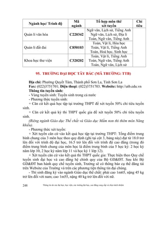 Thông tin do các đại học, học viện, các trường đại học, cao đẳng cung cấp và chịu trách nhiệm248
Ngành học/ Trình độ
Mã
ngành
Tổ hợp môn thi/
xét tuyển
Chỉ
tiêu
Quản lí văn hóa C220342
Ngữ văn, Lịch sử, Tiếng Anh
Ngữ văn, Lịch sử, Địa lí
Toán, Ngữ văn, Tiếng Anh
Quản lí đất đai C850103
Toán, Vật lí, Hóa học
Toán, Vật lí, Tiếng Anh
Toán, Hoá học, Sinh học
Khoa học thư viện C320202
Toán, Vật lí, Tiếng Anh
Toán, Ngữ văn, Tiếng Anh
Toán, Ngữ văn, Lịch sử
95. TRƯỜNG ĐẠI HỌC TÂY BẮC (MÃ TRƯỜNG: TTB)
Địa chỉ: Phường Quyết Tâm, Thành phố Sơn La, Tỉnh Sơn La
Fax: (022)3751701; Điện thoại: (022)3751703. Website: http://utb.edu.vn
Thông tin tuyển sinh:
- Vùng tuyển sinh: Tuyển sinh trong cả nước
- Phương thức tuyển sinh:
+ Căn cứ kết quả học tập tại trường THPT để xét tuyển 50% chỉ tiêu tuyển
sinh.
+ Căn cứ kết quả kỳ thi THPT quốc gia để xét tuyển 50% chỉ tiêu tuyển
sinh.
(Riêng ngành Giáo dục Thể chất và Giáo dục Mầm non thi thêm môn Năng
khiếu).
- Phương thức xét tuyển:
+ Xét tuyển căn cứ vào kết quả học tập tại trường THPT: Tổng điểm trung
bình chung của 3 môn học theo quy định (ghi tại cột 3, bảng này) đạt từ 18.0 trở
lên đối với trình độ đại học, 16.5 trở lên đối với trình độ cao đẳng (trong đó
điểm trung bình chung của môn học là điểm trung bình của 5 học kỳ: 2 học kỳ
năm lớp 10, 2 học kỳ năm lớp 11 và học kỳ 1 lớp 12).
+ Xét tuyển căn cứ vào kết quả thi THPT quốc gia: Thực hiện theo Quy chế
tuyển sinh đại học và cao đẳng hệ chính quy của Bộ GD&ĐT. Sau khi Bộ
GD&ĐT ban hành quy chế tuyển sinh, Trường sẽ có thông báo cụ thể đăng tải
trên Website của Trường và trên các phương tiện thông tin đại chúng.
- Thí sinh đăng ký vào ngành Giáo dục thể chất: phải cao 1m65, nặng 45 kg
trở lên đối với nam; cao 1m55, nặng 40 kg trở lên đối với nữ.
 