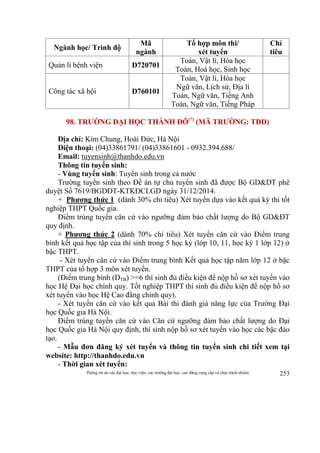 Thông tin do các đại học, học viện, các trường đại học, cao đẳng cung cấp và chịu trách nhiệm 253
Ngành học/ Trình độ
Mã
ngành
Tổ hợp môn thi/
xét tuyển
Chỉ
tiêu
Quản lí bệnh viện D720701
Toán, Vật lí, Hóa học
Toán, Hoá học, Sinh học
Công tác xã hội D760101
Toán, Vật lí, Hóa học
Ngữ văn, Lịch sử, Địa lí
Toán, Ngữ văn, Tiếng Anh
Toán, Ngữ văn, Tiếng Pháp
98. TRƯỜNG ĐẠI HỌC THÀNH ĐÔ(*)
(MÃ TRƯỜNG: TDD)
Địa chỉ: Kim Chung, Hoài Đức, Hà Nội
Điện thoại: (04)33861791/ (04)33861601 - 0932.394.688/
Email: tuyensinh@thanhdo.edu.vn
Thông tin tuyển sinh:
- Vùng tuyển sinh: Tuyển sinh trong cả nước
Trường tuyển sinh theo Đề án tự chủ tuyển sinh đã được Bộ GD&DT phê
duyệt Số 7619/BGDĐT-KTKĐCLGD ngày 31/12/2014.
+ Phương thức 1 (dành 30% chỉ tiêu) Xét tuyển dựa vào kết quả kỳ thi tốt
nghiệp THPT Quốc gia.
Điểm trúng tuyển căn cứ vào ngưỡng đảm bảo chất lượng do Bộ GD&ĐT
quy định.
+ Phương thức 2 (dành 70% chỉ tiêu) Xét tuyển căn cứ vào Điểm trung
bình kết quả học tập của thí sinh trong 5 học kỳ (lớp 10, 11, học kỳ 1 lớp 12) ở
bậc THPT.
- Xét tuyển căn cứ vào Điểm trung bình Kết quả học tập năm lớp 12 ở bậc
THPT của tổ hợp 3 môn xét tuyển.
(Điểm trung bình (DTB) >=6 thí sinh đủ điều kiện để nộp hồ sơ xét tuyển vào
học Hệ Đại học chính quy. Tốt nghiệp THPT thí sinh đủ điều kiện để nộp hồ sơ
xét tuyển vào học Hệ Cao đẳng chính quy).
- Xét tuyển căn cứ vào kết quả Bài thi đánh giá năng lực của Trường Đại
học Quốc gia Hà Nội.
Điểm trúng tuyển căn cứ vào Căn cứ ngưỡng đảm bảo chất lượng do Đại
học Quốc gia Hà Nội quy định, thí sinh nộp hồ sơ xét tuyển vào học các bậc đào
tạo.
- Mẫu đơn đăng ký xét tuyển và thông tin tuyển sinh chi tiết xem tại
website: http://thanhdo.edu.vn
- Thời gian xét tuyển:
 