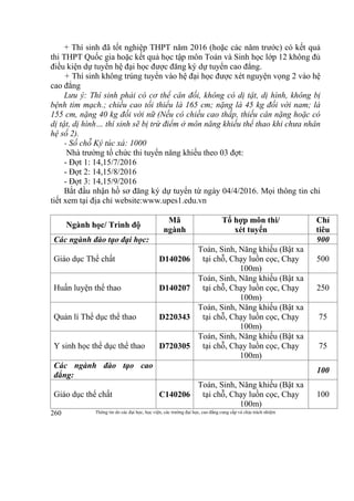 Thông tin do các đại học, học viện, các trường đại học, cao đẳng cung cấp và chịu trách nhiệm260
+ Thí sinh đã tốt nghiệp THPT năm 2016 (hoặc các năm trước) có kết quả
thi THPT Quốc gia hoặc kết quả học tập môn Toán và Sinh học lớp 12 không đủ
điều kiện dự tuyển hệ đại học được đăng ký dự tuyển cao đẳng.
+ Thí sinh không trúng tuyển vào hệ đại học được xét nguyện vọng 2 vào hệ
cao đẳng
Lưu ý: Thí sinh phải có cơ thể cân đối, không có dị tật, dị hình, không bị
bệnh tim mạch.; chiều cao tối thiểu là 165 cm; nặng là 45 kg đối với nam; là
155 cm, nặng 40 kg đối với nữ (Nếu có chiều cao thấp, thiếu cân nặng hoặc có
dị tật, dị hình… thí sinh sẽ bị trừ điểm ở môn năng khiếu thể thao khi chưa nhân
hệ số 2).
- Số chỗ Ký túc xá: 1000
Nhà trường tổ chức thi tuyển năng khiếu theo 03 đợt:
- Đợt 1: 14,15/7/2016
- Đợt 2: 14,15/8/2016
- Đợt 3: 14,15/9/2016
Bắt đầu nhận hồ sơ đăng ký dự tuyển từ ngày 04/4/2016. Mọi thông tin chi
tiết xem tại địa chỉ website:www.upes1.edu.vn
Ngành học/ Trình độ
Mã
ngành
Tổ hợp môn thi/
xét tuyển
Chỉ
tiêu
Các ngành đào tạo đại học: 900
Giáo dục Thể chất D140206
Toán, Sinh, Năng khiếu (Bật xa
tại chỗ, Chạy luồn cọc, Chạy
100m)
500
Huấn luyện thể thao D140207
Toán, Sinh, Năng khiếu (Bật xa
tại chỗ, Chạy luồn cọc, Chạy
100m)
250
Quản lí Thể dục thể thao D220343
Toán, Sinh, Năng khiếu (Bật xa
tại chỗ, Chạy luồn cọc, Chạy
100m)
75
Y sinh học thể dục thể thao D720305
Toán, Sinh, Năng khiếu (Bật xa
tại chỗ, Chạy luồn cọc, Chạy
100m)
75
Các ngành đào tạo cao
đẳng:
100
Giáo dục thể chất C140206
Toán, Sinh, Năng khiếu (Bật xa
tại chỗ, Chạy luồn cọc, Chạy
100m)
100
 
