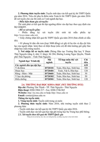 Thông tin do các đại học, học viện, các trường đại học, cao đẳng cung cấp và chịu trách nhiệm 45
2. Phương thức tuyển sinh: Tuyển sinh dựa vào kết quả kỳ thi THPT Quốc
gia năm 2016. Tiêu chí phụ là điểm môn Toán kì thi THPT Quốc gia năm 2016
để xét tuyển cho các thí sinh cả 5 mã ngành đại học.
- Điều kiện tham gia xét tuyển:
Thí sinh phải có kết quả thi đạt ngưỡng điểm vào đại học theo quy định của
Bộ GD&ĐT.
- Hồ sơ xét tuyển gồm:
+ Phiếu đăng ký xét tuyển (thí sinh tải mẫu phiếu tại
http://www.tnmc.edu.vn).
+ Giấy chứng nhận kết quả thi THPT Quốc gia năm 2016 (bản chính có dấu
đỏ).
+ 01 phong bì dán sẵn tem (loại 3000 đồng) có ghi rõ họ tên và địa chỉ liên
lạc của người nhận kèm theo số điện thoại (nếu có) để nhà trường gửi giấy báo
nhập học (nếu trúng tuyển).
3. Nơi nhận hồ sơ tuyển sinh: Phòng Đào tạo Trường Đại học Y Dược
Thái Nguyên (tầng 4, nhà 11 tầng), Số 284, Đường Lương Ngọc Quyến, Thành
phố Thái Nguyên – Tỉnh Thái Nguyên.
Ngành học/ Trình độ
Mã
ngành
Tổ hợp môn thi/ xét
tuyển
Chỉ
tiêu
Các ngành đào tạo đại học 620
Y đa khoa D720101 Toán, Hóa học, Sinh học 300
Dược học D720401 Toán, Vật lí, Hóa học 120
Răng - Hàm - Mặt D720601 Toán, Hóa học, Sinh học 30
Y học dự phòng D720302 Toán, Hóa học, Sinh học 50
Điều dưỡng D720501 Toán, Hóa học, Sinh học 120
2.6. TRƯỜNG ĐẠI HỌC KHOA HỌC (MÃ TRƯỜNG DTZ)
Địa chỉ: Phường Tân Thịnh - TP. Thái Nguyên - Thái Nguyên
Điện thoại: 0280.3904.317 - Fax: 0280.3746.965
Website: http://us.tnu.edu.vn hoặc http://tnus.edu.vn
Email: contact@tnus.edu.vn
Thông tin tuyển sinh:
1. Vùng tuyển sinh: Tuyển sinh trong cả nước
2. Phương thức tuyển sinh: Năm 2016, nhà trường tuyển sinh theo 2
phương thức
- Tuyển sinh dựa vào kết quả kỳ thi THPT Quốc gia năm 2016.
- Tuyển sinh dựa vào kết quả học tập ghi trong học bạ Trung học phổ thông.
2.1. Xét tuyển theo kết quả thi THPT Quốc gia
 