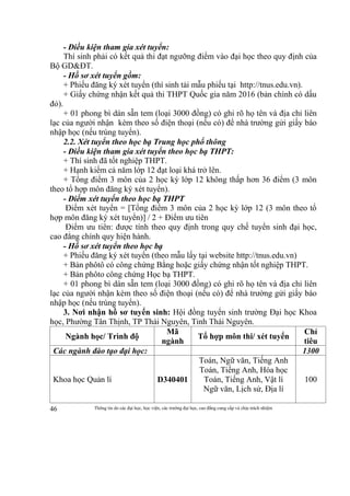 Thông tin do các đại học, học viện, các trường đại học, cao đẳng cung cấp và chịu trách nhiệm46
- Điều kiện tham gia xét tuyển:
Thí sinh phải có kết quả thi đạt ngưỡng điểm vào đại học theo quy định của
Bộ GD&ĐT.
- Hồ sơ xét tuyển gồm:
+ Phiếu đăng ký xét tuyển (thí sinh tải mẫu phiếu tại http://tnus.edu.vn).
+ Giấy chứng nhận kết quả thi THPT Quốc gia năm 2016 (bản chính có dấu
đỏ).
+ 01 phong bì dán sẵn tem (loại 3000 đồng) có ghi rõ họ tên và địa chỉ liên
lạc của người nhận kèm theo số điện thoại (nếu có) để nhà trường gửi giấy báo
nhập học (nếu trúng tuyển).
2.2. Xét tuyển theo học bạ Trung học phổ thông
- Điều kiện tham gia xét tuyển theo học bạ THPT:
+ Thí sinh đã tốt nghiệp THPT.
+ Hạnh kiểm cả năm lớp 12 đạt loại khá trở lên.
+ Tổng điểm 3 môn của 2 học kỳ lớp 12 không thấp hơn 36 điểm (3 môn
theo tổ hợp môn đăng ký xét tuyển).
- Điểm xét tuyển theo học bạ THPT
Điểm xét tuyển = [Tổng điểm 3 môn của 2 học kỳ lớp 12 (3 môn theo tổ
hợp môn đăng ký xét tuyển)] / 2 + Điểm ưu tiên
Điểm ưu tiên: được tính theo quy định trong quy chế tuyển sinh đại học,
cao đẳng chính quy hiện hành.
- Hồ sơ xét tuyển theo học bạ
+ Phiếu đăng ký xét tuyển (theo mẫu lấy tại website http://tnus.edu.vn)
+ Bản phôtô có công chứng Bằng hoặc giấy chứng nhận tốt nghiệp THPT.
+ Bản phôto công chứng Học bạ THPT.
+ 01 phong bì dán sẵn tem (loại 3000 đồng) có ghi rõ họ tên và địa chỉ liên
lạc của người nhận kèm theo số điện thoại (nếu có) để nhà trường gửi giấy báo
nhập học (nếu trúng tuyển).
3. Nơi nhận hồ sơ tuyển sinh: Hội đồng tuyển sinh trường Đại học Khoa
học, Phường Tân Thịnh, TP Thái Nguyên, Tỉnh Thái Nguyên.
Ngành học/ Trình độ
Mã
ngành
Tổ hợp môn thi/ xét tuyển
Chỉ
tiêu
Các ngành đào tạo đại học: 1300
Khoa học Quản lí D340401
Toán, Ngữ văn, Tiếng Anh
Toán, Tiếng Anh, Hóa học
Toán, Tiếng Anh, Vật lí
Ngữ văn, Lịch sử, Địa lí
100
 