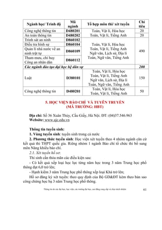 Thông tin do các đại học, học viện, các trường đại học, cao đẳng cung cấp và chịu trách nhiệm 61
Ngành học/ Trình độ
Mã
ngành
Tổ hợp môn thi/ xét tuyển
Chỉ
tiêu
Công nghệ thông tin D480201 Toán, Vật lí, Hóa học
Toán, Vật lí, Tiếng Anh
20
An toàn thông tin D480202 20
Trinh sát an ninh D860102
Toán, Vật lí, Hóa học
Toán, Vật lí, Tiếng Anh
Ngữ văn, Lịch sử, Địa lí
Toán, Ngữ văn, Tiếng Anh
490
Điều tra hình sự D860104
Quản lí nhà nước về an
ninh trật tự
D860109
Tham mưu, chỉ huy
Công an nhân dân
D860112
Các ngành đào tạo đại học hệ dân sự 200
Luật D380101
Toán, Vật lí, Hóa học
Toán, Vật lí, Tiếng Anh
Ngữ văn, Lịch sử, Địa lí
Toán, Ngữ văn, Tiếng Anh
150
Công nghệ thông tin D480201
Toán, Vật lí, Hóa học
Toán, Vật lí, Tiếng Anh
50
5. HỌC VIỆN BÁO CHÍ VÀ TUYÊN TRUYỀN
(MÃ TRƯỜNG: HBT)
Địa chỉ: Số 36 Xuân Thủy, Cầu Giấy, Hà Nội. ĐT: (04)37.546.963
Website: www.ajc.edu.vn
Thông tin tuyển sinh:
1. Vùng tuyển sinh: tuyển sinh trong cả nước
2. Phương thức tuyển sinh: Học viện xét tuyển theo 4 nhóm ngành căn cứ
kết quả thi THPT quốc gia. Riêng nhóm 1 ngành Báo chí tổ chức thi bổ sung
môn Năng khiếu báo chí.
2.1. Xét tuyển hồ sơ:
Thí sinh cần thỏa mãn các điều kiện sau:
- Có kết quả xếp loại học lực từng năm học trong 3 năm Trung học phổ
thông đạt 6,0 trở lên;
- Hạnh kiểm 3 năm Trung học phổ thông xếp loại Khá trở lên;
Hồ sơ đăng ký xét tuyển: theo quy định của Bộ GD&ĐT kèm theo bản sao
công chứng học bạ 3 năm Trung học phổ thông.
 