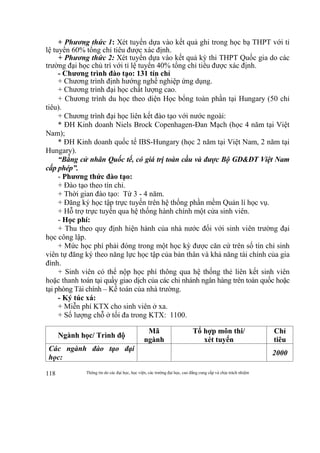 Thông tin do các đại học, học viện, các trường đại học, cao đẳng cung cấp và chịu trách nhiệm118
+ Phương thức 1: Xét tuyển dựa vào kết quả ghi trong học bạ THPT với tỉ
lệ tuyển 60% tổng chỉ tiêu được xác định.
+ Phương thức 2: Xét tuyển dựa vào kết quả kỳ thi THPT Quốc gia do các
trường đại học chủ trì với tỉ lệ tuyển 40% tổng chỉ tiêu được xác định.
- Chương trình đào tạo: 131 tín chỉ
+ Chương trình định hướng nghề nghiệp ứng dụng.
+ Chương trình đại học chất lượng cao.
+ Chương trình du học theo diện Học bổng toàn phần tại Hungary (50 chỉ
tiêu).
+ Chương trình đại học liên kết đào tạo với nước ngoài:
* ĐH Kinh doanh Niels Brock Copenhagen-Đan Mạch (học 4 năm tại Việt
Nam);
* ĐH Kinh doanh quốc tế IBS-Hungary (học 2 năm tại Việt Nam, 2 năm tại
Hungary).
“Bằng cử nhân Quốc tế, có giá trị toàn cầu và được Bộ GD&ĐT Việt Nam
cấp phép”.
- Phương thức đào tạo:
+ Đào tạo theo tín chỉ.
+ Thời gian đào tạo: Từ 3 - 4 năm.
+ Đăng ký học tập trực tuyến trên hệ thống phần mềm Quản lí học vụ.
+ Hỗ trợ trực tuyến qua hệ thống hành chính một cửa sinh viên.
- Học phí:
+ Thu theo quy định hiện hành của nhà nước đối với sinh viên trường đại
học công lập.
+ Mức học phí phải đóng trong một học kỳ được căn cứ trên số tín chỉ sinh
viên tự đăng ký theo năng lực học tập của bản thân và khả năng tài chính của gia
đình.
+ Sinh viên có thể nộp học phí thông qua hệ thống thẻ liên kết sinh viên
hoặc thanh toán tại quầy giao dịch của các chi nhánh ngân hàng trên toàn quốc hoặc
tại phòng Tài chính – Kế toán của nhà trường.
- Ký túc xá:
+ Miễn phí KTX cho sinh viên ở xa.
+ Số lượng chỗ ở tối đa trong KTX: 1100.
Ngành học/ Trình độ
Mã
ngành
Tổ hợp môn thi/
xét tuyển
Chỉ
tiêu
Các ngành đào tạo đại
học:
2000
 