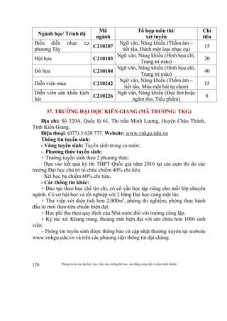Thông tin do các đại học, học viện, các trường đại học, cao đẳng cung cấp và chịu trách nhiệm126
Ngành học/ Trình độ
Mã
ngành
Tổ hợp môn thi/
xét tuyển
Chỉ
tiêu
Biểu diễn nhạc cụ
phương Tây
C210207
Ngữ văn, Năng khiếu (Thẩm âm –
tiết tấu, Đánh một loại nhạc cụ)
15
Hội họa C210103
Ngữ văn, Năng khiếu (Hình họa chì,
Trang trí màu)
20
Đồ họa C210104
Ngữ văn, Năng khiếu (Hình họa chì,
Trang trí màu)
40
Diễn viên múa C210242
Ngữ văn, Năng khiếu (Thẩm âm –
tiết tấu, Múa một bài tự chọn)
15
Diễn viên sân khấu kịch
hát
C210226
Ngữ văn, Năng khiếu (Đọc thơ hoặc
ngâm thơ, Tiểu phẩm)
8
37. TRƯỜNG ĐẠI HỌC KIÊN GIANG (MÃ TRƯỜNG: TKG)
Địa chỉ: Số 320A, Quốc lộ 61, Thị trấn Minh Lương, Huyện Châu Thành,
Tỉnh Kiên Giang.
Điện thoại: (077) 3 628 777. Website: www.vnkgu.edu.vn
Thông tin tuyển sinh:
- Vùng tuyển sinh: Tuyển sinh trong cả nước.
- Phương thức tuyển sinh:
+ Trường tuyển sinh theo 2 phương thức:
· Dựa vào kết quả kỳ thi THPT Quốc gia năm 2016 tại các cụm thi do các
trường Đại học chủ trì tổ chức chiếm 40% chỉ tiêu.
· Xét học bạ chiếm 60% chỉ tiêu.
- Các thông tin khác:
+ Đào tạo theo học chế tín chỉ, có cố vấn học tập riêng cho mỗi lớp chuyên
ngành. Có cơ hội học và tốt nghiệp với 2 bằng Đại học cùng một lúc.
+ Thư viện với diện tích hơn 2.000m2
, phòng thí nghiệm, phòng thực hành
đầu tư mới theo tiêu chuẩn hiện đại.
+ Học phí thu theo quy định của Nhà nước đối với trường công lập.
+ Ký túc xá: Khang trang, thoáng mát hiện đại với sức chứa hơn 1000 sinh
viên.
- Thông tin tuyển sinh được thông báo và cập nhật thường xuyên tại website
www.vnkgu.edu.vn và trên các phương tiện thông tin đại chúng.
 