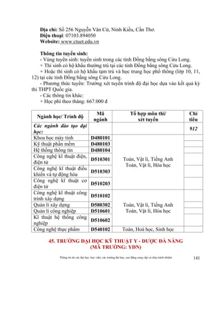Thông tin do các đại học, học viện, các trường đại học, cao đẳng cung cấp và chịu trách nhiệm 141
Địa chỉ: Số 256 Nguyễn Văn Cừ, Ninh Kiều, Cần Thơ.
Điện thoại: 07103.894050
Website: www.ctuet.edu.vn
Thông tin tuyển sinh:
- Vùng tuyển sinh: tuyển sinh trong các tỉnh Đồng bằng sông Cửu Long.
+ Thí sinh có hộ khẩu thường trú tại các tỉnh Đồng bằng sông Cửu Long.
+ Hoặc thí sinh có hộ khẩu tạm trú và học trung học phổ thông (lớp 10, 11,
12) tại các tỉnh Đồng bằng sông Cửu Long.
- Phương thức tuyển: Trường xét tuyển trình độ đại học dựa vào kết quả kỳ
thi THPT Quốc gia.
- Các thông tin khác:
+ Học phí theo tháng: 667.000 đ
Ngành học/ Trình độ
Mã
ngành
Tổ hợp môn thi/
xét tuyển
Chỉ
tiêu
Các ngành đào tạo đại
học:
912
Khoa học máy tính D480101
Toán, Vật lí, Tiếng Anh
Toán, Vật lí, Hóa học
Kỹ thuật phần mềm D480103
Hệ thống thông tin D480104
Công nghệ kĩ thuật điện,
điện tử
D510301
Công nghệ kĩ thuật điều
khiển và tự động hóa
D510303
Công nghệ kĩ thuật cơ
điện tử
D510203
Công nghệ kĩ thuật công
trình xây dựng
D510102
Toán, Vật lí, Tiếng Anh
Toán, Vật lí, Hóa học
Quản lí xây dựng D580302
Quản lí công nghiệp D510601
Kĩ thuật hệ thống công
nghiệp
D510602
Công nghệ thực phẩm D540102 Toán, Hoá học, Sinh học
45. TRƯỜNG ĐẠI HỌC KỸ THUẬT Y - DƯỢC ĐÀ NẴNG
(MÃ TRƯỜNG: YDN)
 
