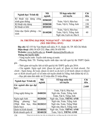 Thông tin do các đại học, học viện, các trường đại học, cao đẳng cung cấp và chịu trách nhiệm158
Ngành học/ Trình độ
Mã
ngành
Tổ hợp môn thi/
xét tuyển
Chỉ
tiêu
Kĩ thuật xây dựng công
trình giao thông
D580205
Toán, Vật lí, Hóa học
Toán, Vật lí, Tiếng Anh
150
Kĩ thuật xây dựng D580208 150
Kĩ thuật cơ khí D520103 200
Giáo dục Quốc phòng - An
ninh
D140208
Toán, Vật lí, Hóa học
Toán, Vật lí, Tiếng Anh
Ngữ văn, Lịch sử, Địa lí
40
54. TRƯỜNG ĐẠI HỌC NGOẠI NGỮ - TIN HỌC TP.HCM(*)
(MÃ TRƯỜNG: DNT)
Địa chỉ: Số 155 Sư Vạn Hạnh (nối dài), P.13, Quận 10, TP. Hồ Chí Minh
Điện thoại: (08) 38 629 232. Fax: (08) 38 650 991
Website: www.huflit.edu.vn. Email: daotao@huflit.edu.vn
Thông tin tuyển sinh:
- Vùng tuyển sinh: Tuyển sinh trong cả nước
- Phương thức TS: Trường tuyển sinh dựa vào kết quả kỳ thi THPT Quốc
gia.
- Thời gian xét tuyển: khi có kết quả kỳ thi THPT quốc gia 2016.
- Các ngành: Ngôn ngữ Anh, Quan hệ quốc tế, Quản trị kinh doanh, Tài
chính - Ngân hàng, Kế toán, Quản trị dịch vụ du lịch và lữ hành, Quản trị khách
sạn và Kinh doanh quốc tế có môn xét tuyển chính là Tiếng Anh (nhân hệ số 2).
- Học phí năm thứ nhất: từ 22 triệu đến 23 triệu đồng.
Ngành học/ Trình độ
Mã
ngành
Tổ hợp môn thi/
xét tuyển
Chỉ
tiêu
Các ngành đào tạo đại
học:
2.600
Công nghệ thông tin D480201
Toán, Vật lí, Hóa học
Ngữ văn, Toán, Tiếng Anh
Toán, Vật lí, Tiếng Anh
Ngôn ngữ Anh D220201 Ngữ văn, Toán, TIẾNG ANH
Đông phương học
(Nhật Bản học, Hàn
Quốc học)
D220213
Ngữ văn, Toán, Tiếng Anh
Ngữ văn, Toán, Tiếng Nhật
Ngữ văn, Địa lí, Tiếng Anh
Quản trị kinh doanh D340101 Ngữ văn, Toán, TIẾNG ANH
Toán, Vật lí, TIẾNG ANHKinh doanh quốc tế D340120
 