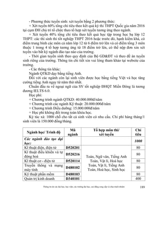 Thông tin do các đại học, học viện, các trường đại học, cao đẳng cung cấp và chịu trách nhiệm 189
- Phương thức tuyển sinh: xét tuyển bằng 2 phương thức:
+ Xét tuyển 60% tổng chỉ tiêu theo kết quả kỳ thi THPT Quốc gia năm 2016
tại cụm ĐH chủ trì tổ chức theo tổ hợp xét tuyển tương ứng theo ngành.
+ Xét tuyển 40% tổng chỉ tiêu theo kết quả học tập trong học bạ lớp 12
THPT: các thí sinh thi tốt nghiệp THPT 2016 hoặc trước đó, hạnh kiểm khá, có
điểm trung bình các môn cả năm lớp 12 từ 6 điểm trở lên và có điểm tổng 3 môn
thuộc 1 trong 4 tổ hợp tương ứng từ 18 điểm trở lên, có thể nộp đơn xin xét
tuyển vào bất kỳ ngành đào tạo nào của trường.
- Thời gian tuyển sinh theo quy định của Bộ GD&ĐT và theo đề án tuyển
sinh riêng của trường. Thông tin chi tiết xin vui lòng tham khảo tại website của
trường.
- Các thông tin khác:
Ngành QTKD dạy bằng tiếng Anh.
Đối với các ngành còn lại sinh viên được học bằng tiếng Việt và học tăng
cường tiếng Anh ngay từ năm thứ nhất.
Chuẩn đầu ra về ngoại ngữ của SV tốt nghiệp ĐHQT Miền Đông là tương
đương IELTS 6.0.
Học phí:
+ Chương trình ngành QTKD: 40.000.000đ/năm
+ Chương trình các ngành Kỹ thuật: 20.000.000đ/năm
+ Chương trình Điều dưỡng: 15.000.000đ/năm
+ Học phí không đổi trong toàn khóa học.
Ký túc xá: 1000 chỗ cho tất cả sinh viên có nhu cầu. Chi phí hàng tháng/1
sinh viên là 150.000 đồng/tháng.
Ngành học/ Trình độ
Mã
ngành
Tổ hợp môn thi/
xét tuyển
Chỉ
tiêu
Các ngành đào tạo đại
học:
1000
Kĩ thuật điện, điện tử D520201
Toán, Ngữ văn, Tiếng Anh
Toán, Vật lí, Hoá học
Toán, Vật lí, Tiếng Anh
Toán, Hoá học, Sinh học
80
Kĩ thuật điều khiển và tự
động hoá
D520216 80
Kĩ thuật cơ - điện tử D520114 80
Truyền thông và mạng
máy tính
D480102 80
Kỹ thuật phần mềm D480103 80
Quản trị kinh doanh D340101 400
 