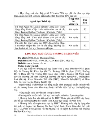 Thông tin do các đại học, học viện, các trường đại học, cao đẳng cung cấp và chịu trách nhiệm20
+ Học bổng xuất sắc: Trị giá từ 25% đến 75% học phí của năm học tiếp
theo, dành cho sinh viên đạt kết quả học tập thuộc top 10% của lớp.
Ngành học/ Trình độ
Tổ hợp môn
thi/
xét tuyển
Chỉ
tiêu
Cử nhân Quản trị Doanh nghiệp: Giảng dạy 100%
bằng tiếng Pháp. Chịu trách nhiệm đào tạo và cấp
bằng: Trường Đại học Toulouse 1 Capitole (Pháp)
Xét tuyển 50
Cử nhân Quản trị Doanh nghiệp: Giảng dạy 100%
bằng tiếng Anh. Chịu trách nhiệm đào tạo và cấp
bằng: Trường Đại học Toulouse 1 Capitole (Pháp)
Xét tuyển 50
Cử nhân Tin học: Giảng dạy 100% bằng tiếng Pháp.
Chịu trách nhiệm đào tạo và cấp bằng: Trường Đại
học Paris 6 và Đại học Bordeaux (Pháp)
Xét tuyển 30
2. ĐẠI HỌC HUẾ VÀ CÁC TRƯỜNG THÀNH VIÊN
Địa chỉ: Số 02 Lê Lợi, Thành phố Huế.
Điện thoại: (054) 3828 493, 3833 329; Fax: (054) 3825 902
Website: www.hueuni.edu.vn
Thông tin tuyển sinh:
* Đại học Huế có 8 trường đại học thành viên, 2 khoa trực thuộc và 1 phân
hiệu là: Trường ĐH Khoa học (DHT), Trường ĐH Sư phạm (DHS), Trường
ĐH Y Dược (DHY), Trường ĐH Nông Lâm (DHL), Trường ĐH Nghệ thuật
(DHN), Trường ĐH Kinh tế (DHK), Trường ĐH Ngoại ngữ (DHF), Trường ĐH
Luật (DHA), Khoa Giáo dục Thể chất (DHC), Khoa Du lịch (DHD) và Phân
hiệu Đại học Huế tại Quảng Trị (DHQ).
- Đại học Huế tổ chức một Hội đồng tuyển sinh chung để tuyển sinh cho tất
cả các trường thành viên, khoa trực thuộc và Phân hiệu Đại học Huế tại Quảng
Trị.
- Vùng tuyển sinh: Tuyển sinh trong cả nước.
- Phương thức tuyển sinh: Đại học Huế tuyển sinh theo 2 phương thức:
+ Phương thức dựa vào kết quả kỳ thi THPT Quốc gia năm 2016: Áp dụng
cho tất cả các trường Đại học thành viên, Khoa trực thuộc và Phân hiệu.
+ Phương thức xét tuyển theo học bạ THPT: Phương thức này áp dụng cho
thí sinh xét tuyển vào Trường Đại học Nghệ thuật, Khoa Giáo dục thể chất
(GDTC), Phân hiệu Đại học Huế tại Quảng Trị và ngành Kiến trúc của Trường
Đại học Khoa học.
 