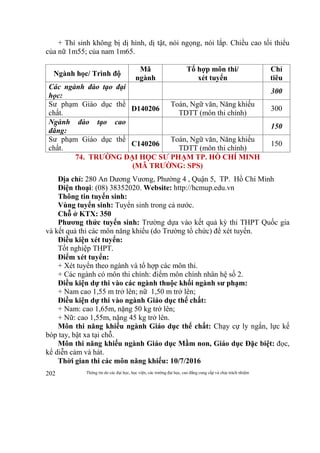 Thông tin do các đại học, học viện, các trường đại học, cao đẳng cung cấp và chịu trách nhiệm202
+ Thí sinh không bị dị hình, dị tật, nói ngọng, nói lắp. Chiều cao tối thiểu
của nữ 1m55; của nam 1m65.
Ngành học/ Trình độ
Mã
ngành
Tổ hợp môn thi/
xét tuyển
Chỉ
tiêu
Các ngành đào tạo đại
học:
300
Sư phạm Giáo dục thể
chất.
D140206
Toán, Ngữ văn, Năng khiếu
TDTT (môn thi chính)
300
Ngành đào tạo cao
đẳng:
150
Sư phạm Giáo dục thể
chất.
C140206
Toán, Ngữ văn, Năng khiếu
TDTT (môn thi chính)
150
74. TRƯỜNG ĐẠI HỌC SƯ PHẠM TP. HỒ CHÍ MINH
(MÃ TRƯỜNG: SPS)
Địa chỉ: 280 An Dương Vương, Phường 4 , Quận 5, TP. Hồ Chí Minh
Điện thoại: (08) 38352020. Website: http://hcmup.edu.vn
Thông tin tuyển sinh:
Vùng tuyển sinh: Tuyển sinh trong cả nước.
Chỗ ở KTX: 350
Phương thức tuyển sinh: Trường dựa vào kết quả kỳ thi THPT Quốc gia
và kết quả thi các môn năng khiếu (do Trường tổ chức) để xét tuyển.
Điều kiện xét tuyển:
Tốt nghiệp THPT.
Điểm xét tuyển:
+ Xét tuyển theo ngành và tổ hợp các môn thi.
+ Các ngành có môn thi chính: điểm môn chính nhân hệ số 2.
Điều kiện dự thi vào các ngành thuộc khối ngành sư phạm:
+ Nam cao 1,55 m trở lên; nữ 1,50 m trở lên;
Điều kiện dự thi vào ngành Giáo dục thể chất:
+ Nam: cao 1,65m, nặng 50 kg trở lên;
+ Nữ: cao 1,55m, nặng 45 kg trở lên.
Môn thi năng khiếu ngành Giáo dục thể chất: Chạy cự ly ngắn, lực kế
bóp tay, bật xa tại chỗ.
Môn thi năng khiếu ngành Giáo dục Mầm non, Giáo dục Đặc biệt: đọc,
kể diễn cảm và hát.
Thời gian thi các môn năng khiếu: 10/7/2016
 