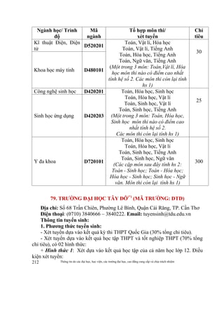 Thông tin do các đại học, học viện, các trường đại học, cao đẳng cung cấp và chịu trách nhiệm212
Ngành học/ Trình
độ
Mã
ngành
Tổ hợp môn thi/
xét tuyển
Chỉ
tiêu
Kĩ thuật Điện, Điện
tử
D520201
Toán, Vật lí, Hóa học
Toán, Vật lí, Tiếng Anh
Toán, Hóa học, Tiếng Anh
Toán, Ngữ văn, Tiếng Anh
(Một trong 3 môn: Toán,Vật lí, Hóa
học môn thi nào có điểm cao nhất
tính hệ số 2. Các môn thi còn lại tính
hs 1)
30
Khoa học máy tính D480101
Công nghệ sinh học D420201 Toán, Hóa học, Sinh học
Toán, Hóa học, Vật lí
Toán, Sinh học, Vật lí
Toán, Sinh học, Tiếng Anh
(Một trong 3 môn: Toán, Hóa học,
Sinh học môn thi nào có điểm cao
nhất tính hệ số 2.
Các môn thi còn lại tính hs 1)
25
Sinh học ứng dụng D420203
Y đa khoa D720101
Toán, Hóa học, Sinh học
Toán, Hóa học, Vật lí
Toán, Sinh học, Tiếng Anh
Toán, Sinh học, Ngữ văn
(Các cặp môn sau đây tính hs 2:
Toán - Sinh học; Toán - Hóa học;
Hóa học - Sinh học; Sinh học - Ngữ
văn. Môn thi còn lại tính hs 1)
300
79. TRƯỜNG ĐẠI HỌC TÂY ĐÔ(*)
(MÃ TRƯỜNG: DTD)
Địa chỉ: Số 68 Trần Chiên, Phường Lê Bình, Quận Cái Răng, TP. Cần Thơ
Điện thoại: (0710) 3840666 – 3840222. Email: tuyensinh@tdu.edu.vn
Thông tin tuyển sinh:
1. Phương thức tuyển sinh:
- Xét tuyển dựa vào kết quả kỳ thi THPT Quốc Gia (30% tổng chỉ tiêu).
- Xét tuyển dựa vào kết quả học tập THPT và tốt nghiệp THPT (70% tổng
chỉ tiêu), có 02 hình thức:
+ Hình thức 1: Xét dựa vào kết quả học tập của cả năm học lớp 12. Điều
kiện xét tuyển:
 